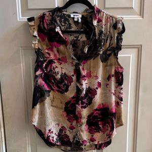 DKNY Cream Sleeveless Blouse with Pink and Black Floral Print